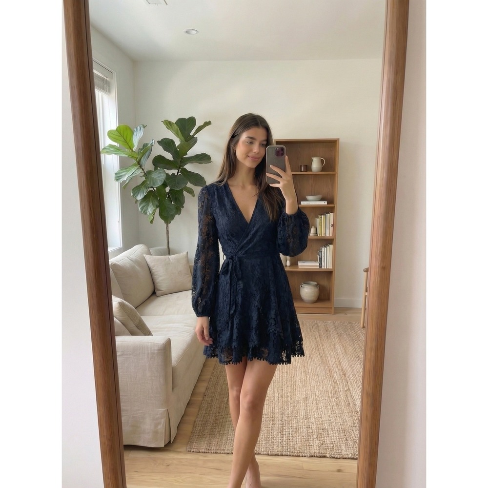 Saints + Secrets Lace Mini Wrap Dress XS Navy Floral Long Sleeve